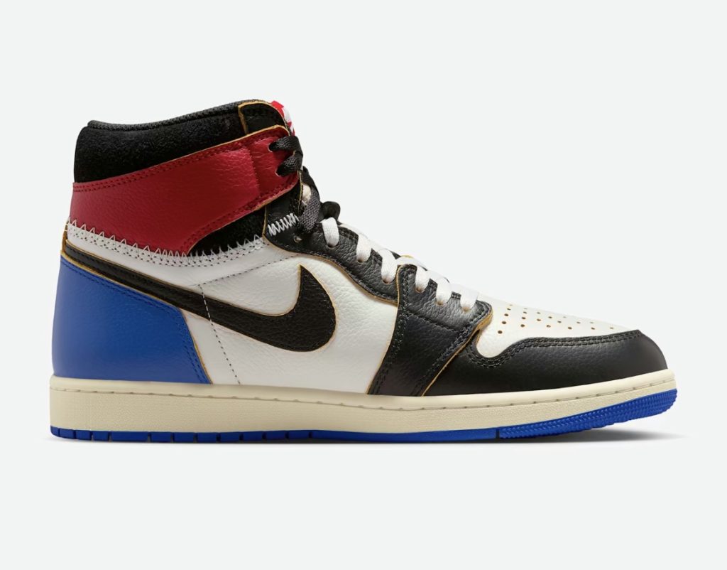 Top down view of Fragment Design x Union LA x Air Jordan 1 High showing tongue branding and laces