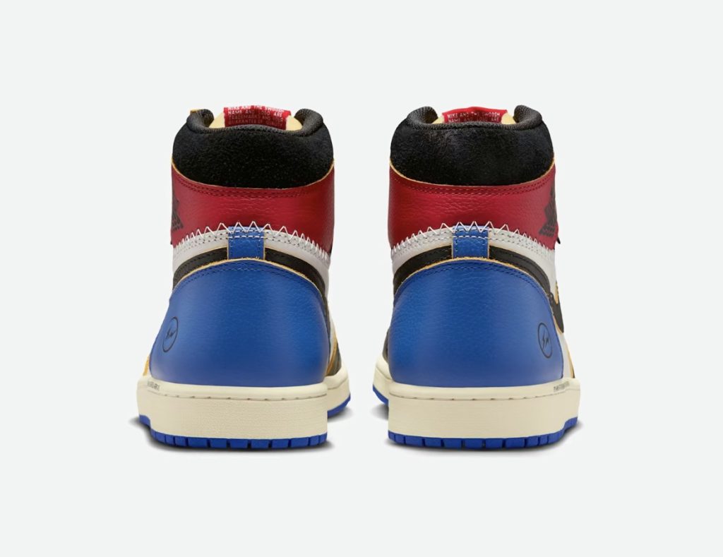 Rear heel view of Fragment x Union x Air Jordan 1 High with blue heel panel and Fragment lightning logo