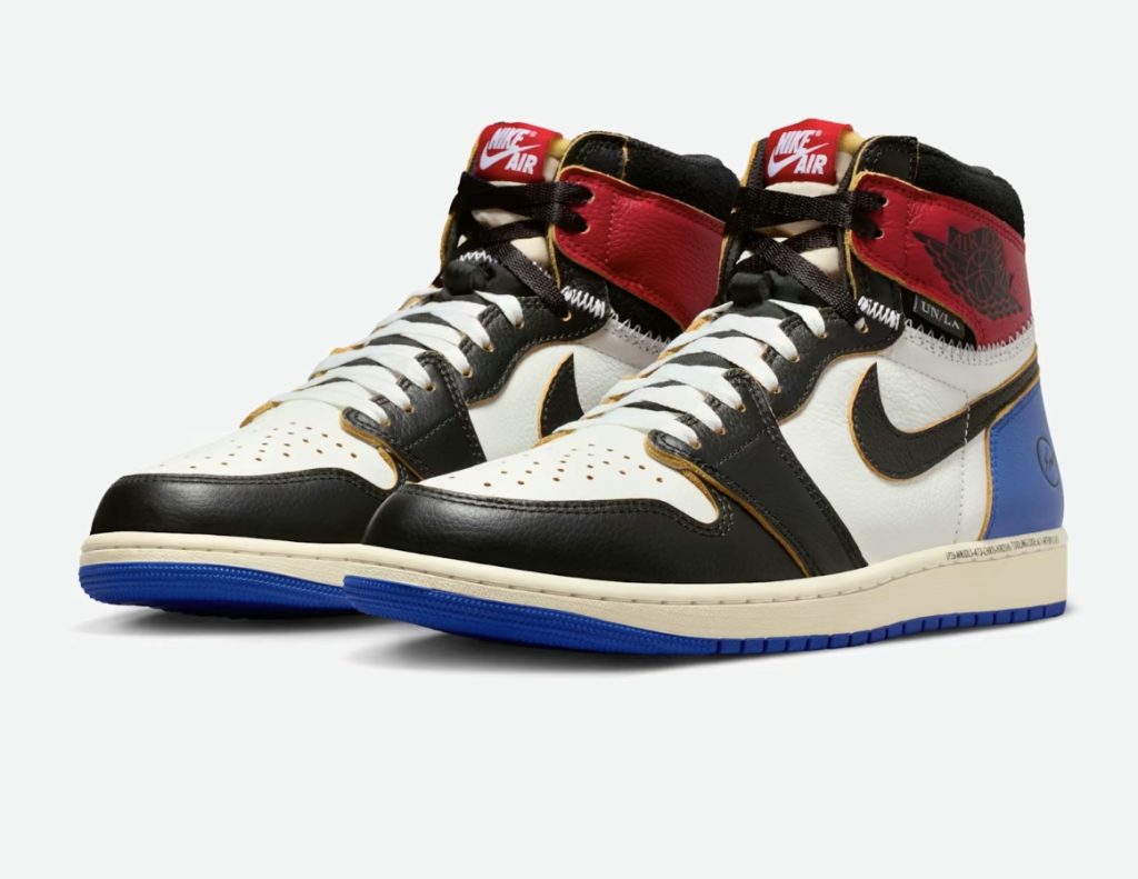 Fragment Design x Union LA x Air Jordan 1 High Black and Varsity Red angled pair side view