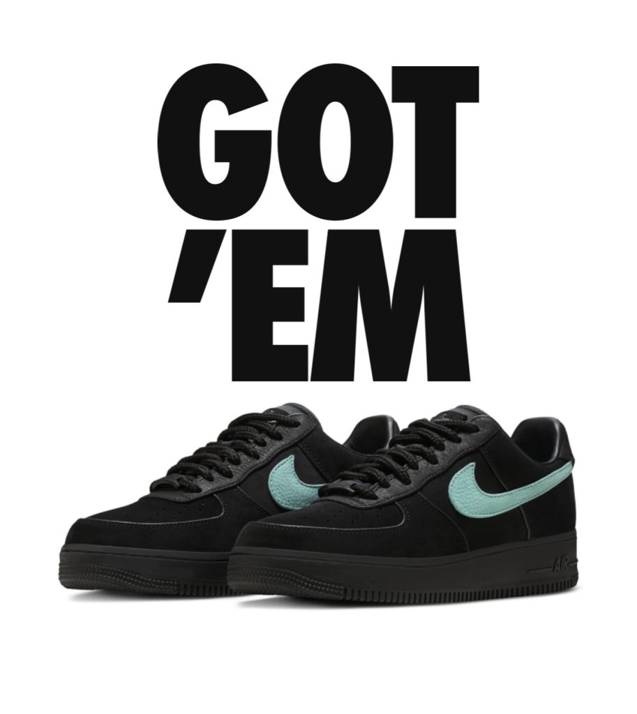 GOT ’EM graphic + shoe Nike Air Force 1 x Tiffany & Co. 1837 collaboration with black suede upper and Tiffany blue Swoosh