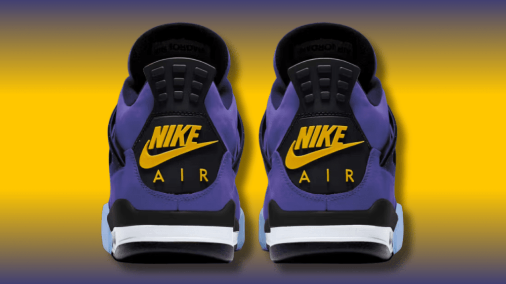 Close up heel view of Air Jordan 4 All Star Weekend with yellow Nike Air branding