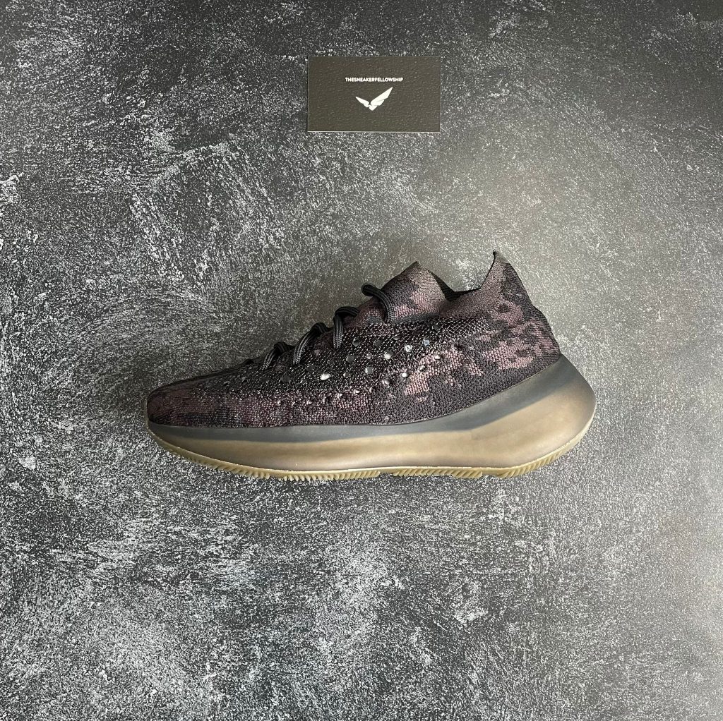 Adidas Yeezy Boost 380 brown and black knit upper with translucent sole side profile
