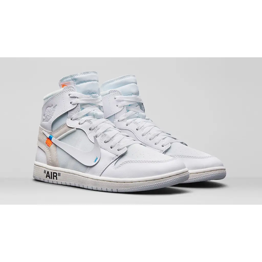 Off-White x Air Jordan 1 High OG Alaska pair in white leather with exposed foam and printed branding