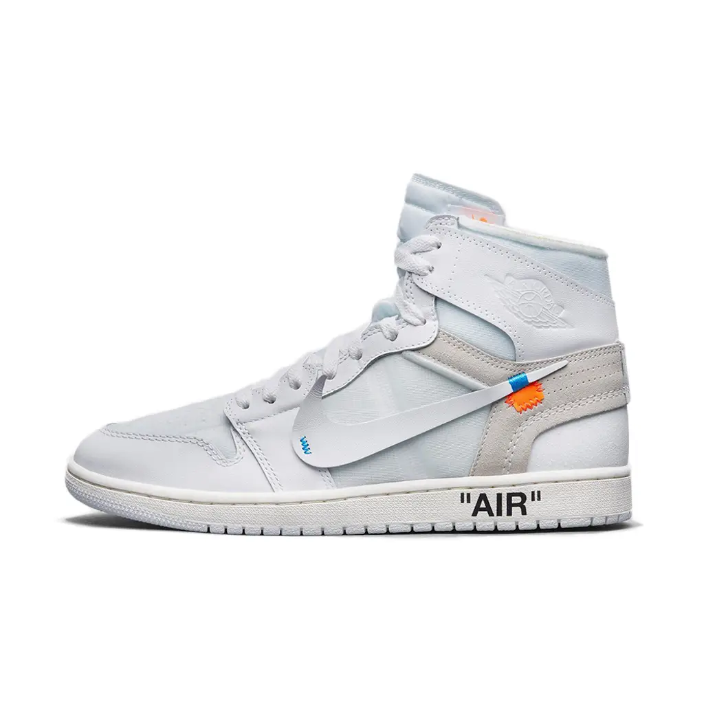 Off-White x Air Jordan 1 High OG Alaska white side view showing deconstructed details and orange tab