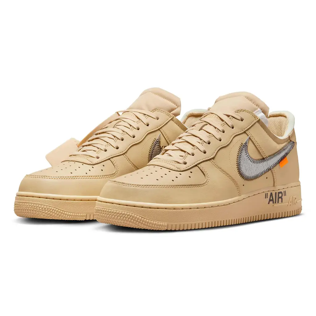 Angled front-side view of the Off-White x Nike Air Force 1 Low Sesame showing beige upper, exposed stitching, and signature Off-White detailing.