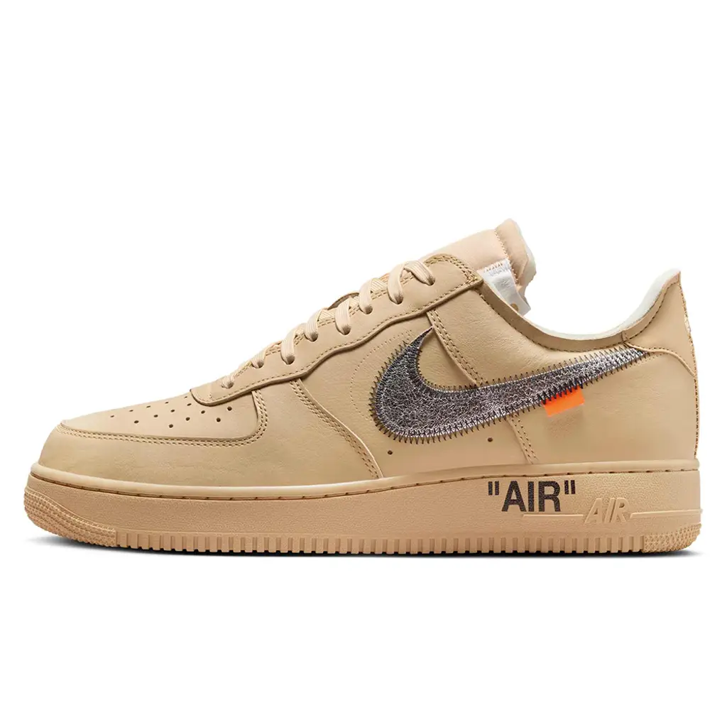 Side profile of Off-White x Nike Air Force 1 Low Sesame in beige with black Swoosh and “AIR” text on the midsole.