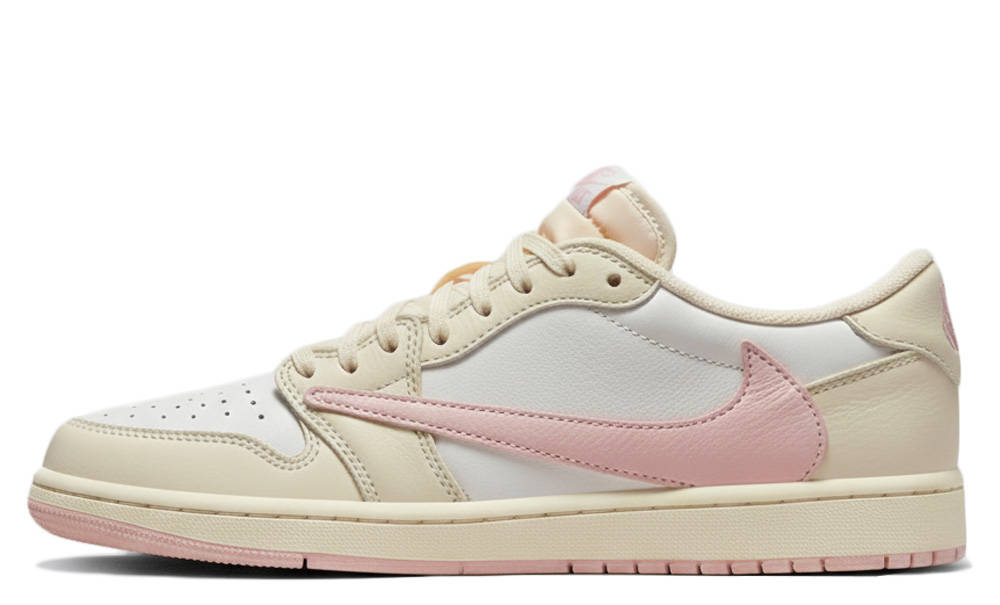 Side profile of Travis Scott x Air Jordan 1 Low OG Muslin Shy Pink with reverse pink Swoosh