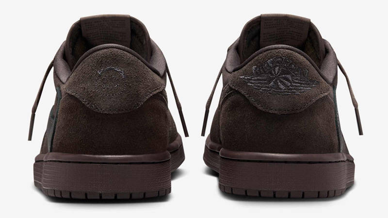 Heel view of Jordan 1 Low Travis Scott Velvet Brown featuring embossed Cactus Jack branding